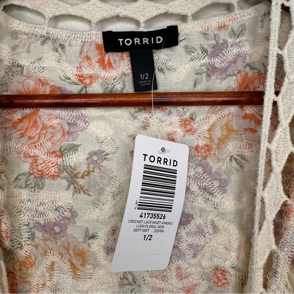 Torrid Crochet Lace Inset Kimono 100% Cotton Size 1X/2X NWT - Picture 10 of 12
